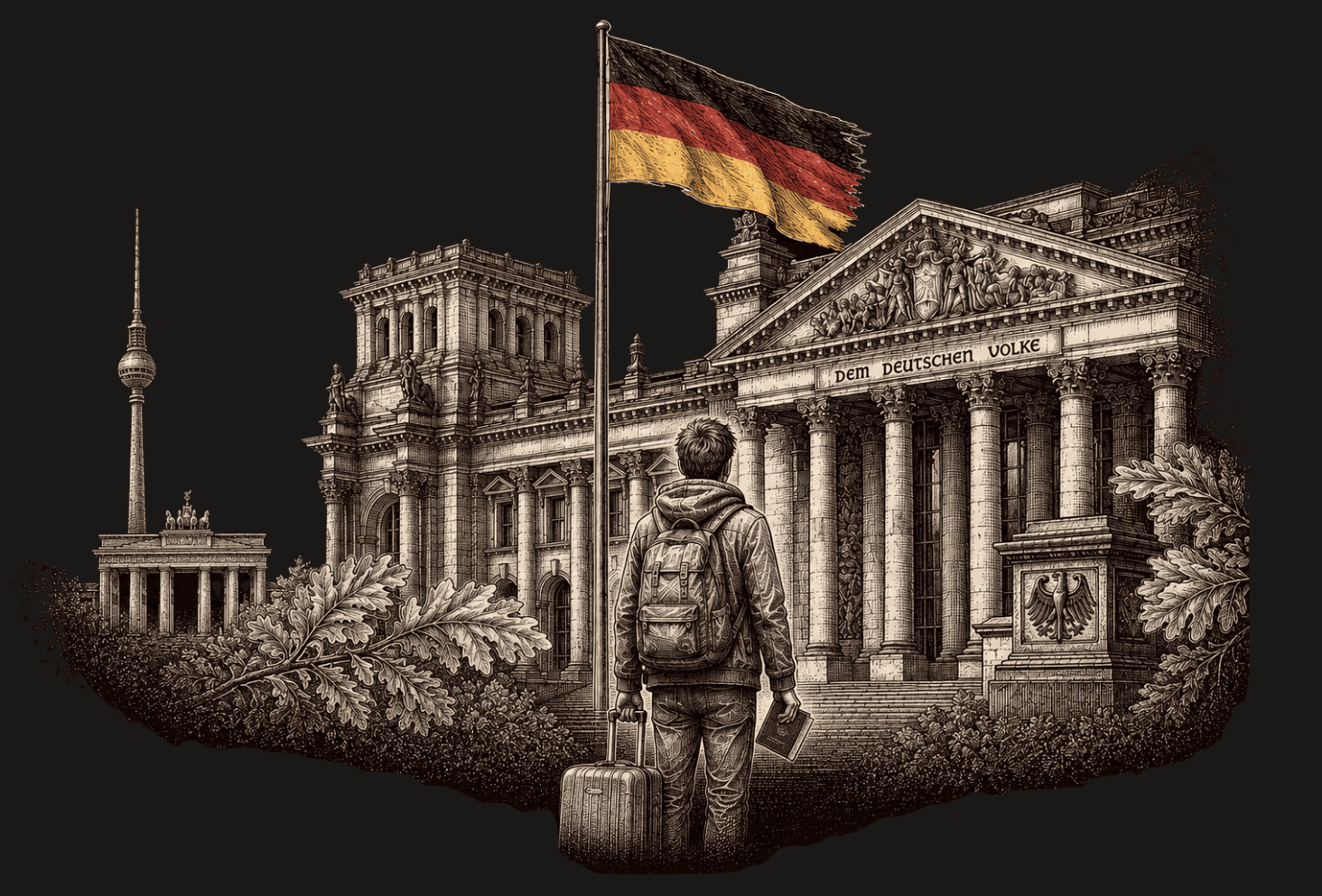 Ilustrasi pelancong dengan ransel dan koper berdiri di depan Gedung Reichstag Berlin pada malam hari, bendera Jerman berkibar