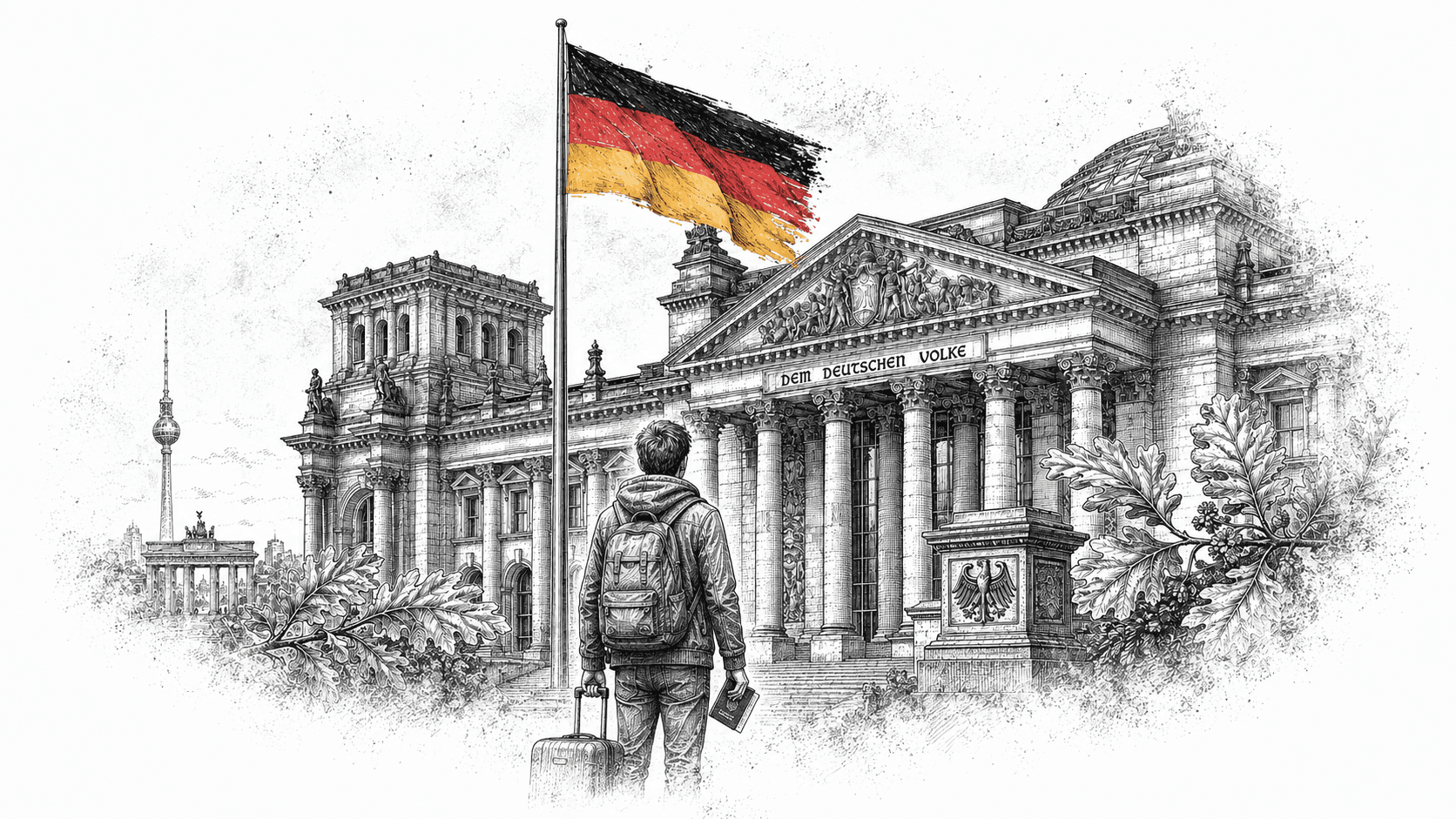 Ilustrasi pelancong dengan ransel dan koper berdiri di depan Gedung Reichstag Berlin, bendera Jerman berkibar